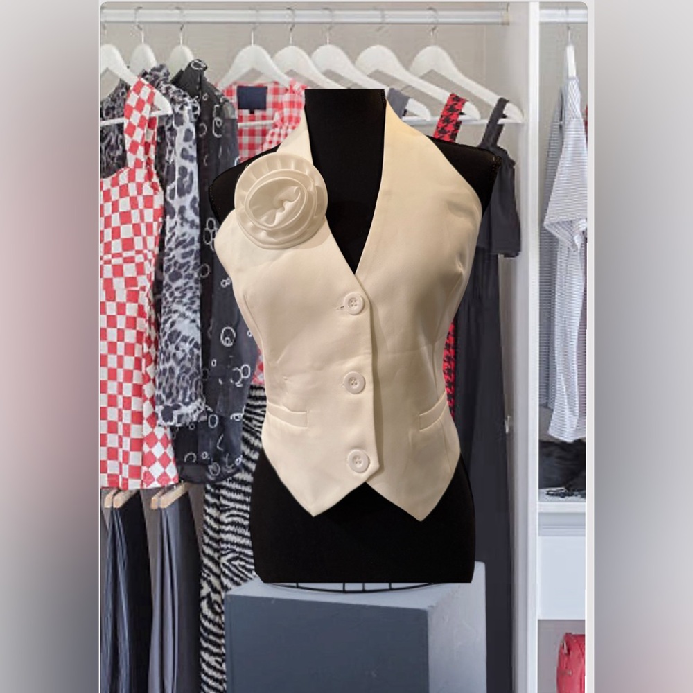 Elegant white Buttoned Vest size S  with white bow on one side& front buttons.